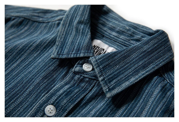 Neviraler Retro Amekaji Long - Sleeved Shirt Casual Loose Vertical Stripes Denim Shirt Men's Nra30 - Seakoff