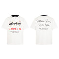 White graphic t-shirt with hand-drawn galloping horses, red graffiti text on front and Number Nine Takahiro Miyashita script