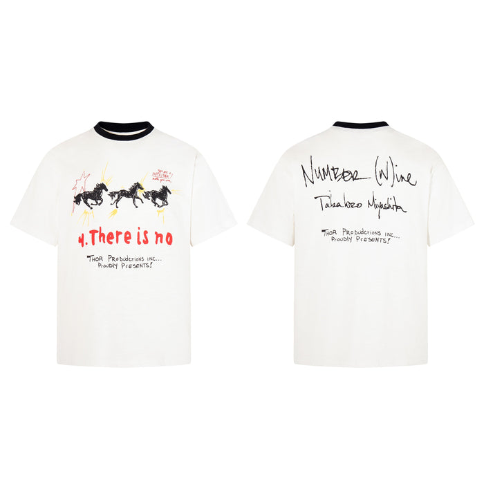 White graphic t-shirt with hand-drawn galloping horses, red graffiti text on front and Number Nine Takahiro Miyashita script