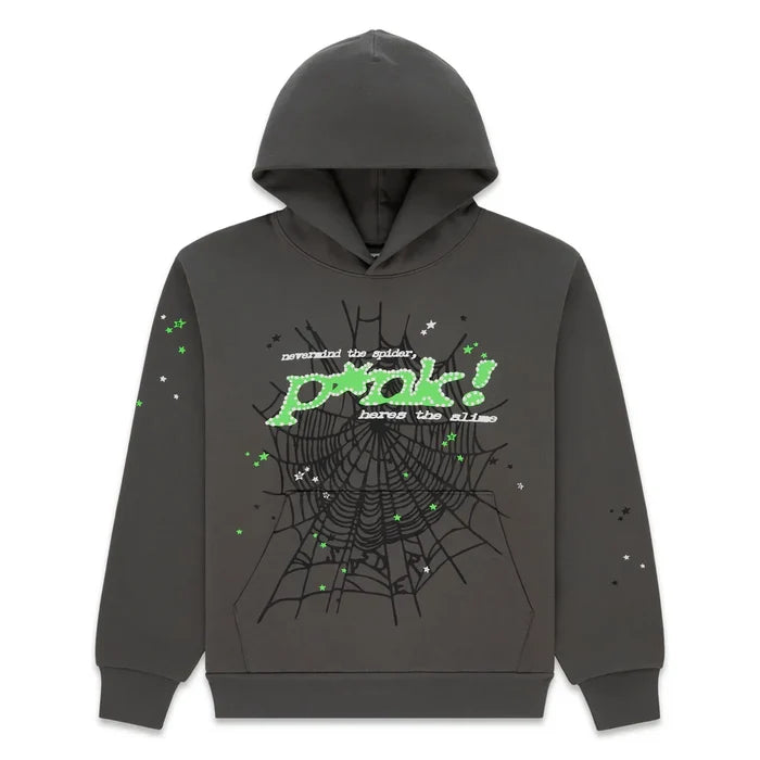 The Sp5der “P!nk! Hares the Slime” Hoodie in olive green features heavyweight 440GSM cotton, a bold black spider-web front graphic, green and white “pink! reveal the aliens” text, plus scattered stars—perfect for standout streetwear style.