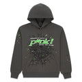 The Sp5der “P!nk! Hares the Slime” Hoodie in olive green features heavyweight 440GSM cotton, a bold black spider-web front graphic, green and white “pink! reveal the aliens” text, plus scattered stars—perfect for standout streetwear style.