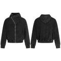 Front and back view of a washed black asymmetric diagonal zip hoodie jacket with ribbed cuffs and kangaroo pockets