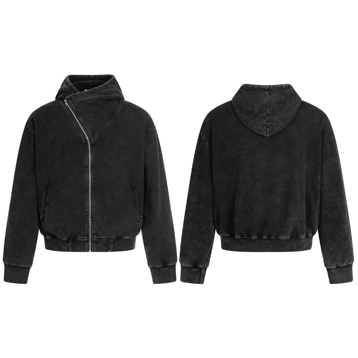 Front and back view of a washed black asymmetric diagonal zip hoodie jacket with ribbed cuffs and kangaroo pockets