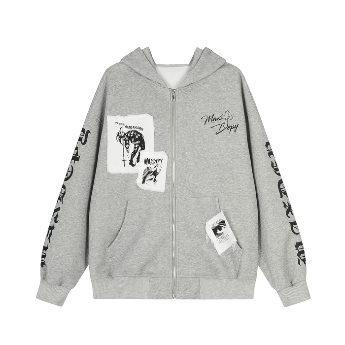 Light gray zip hoodie with distressed graphic patches and black sleeve print, front view