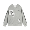 Light gray zip hoodie with distressed graphic patches and black sleeve print, front view