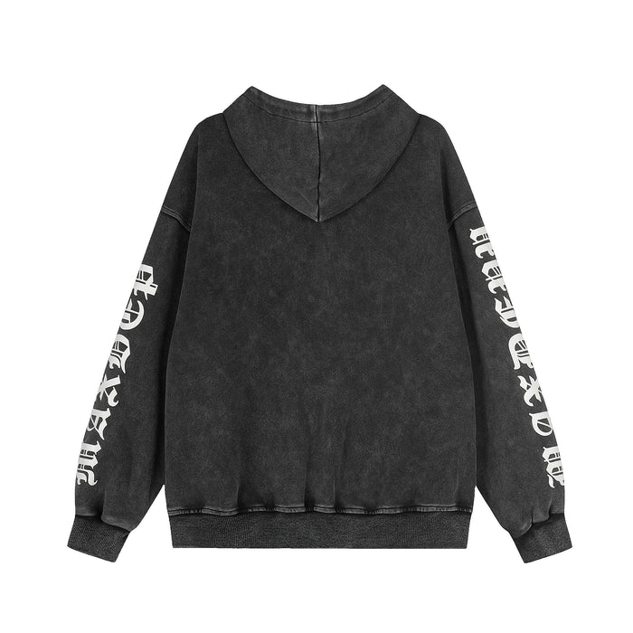 Black hoodie back view with hood and white graphic print on the sleeves