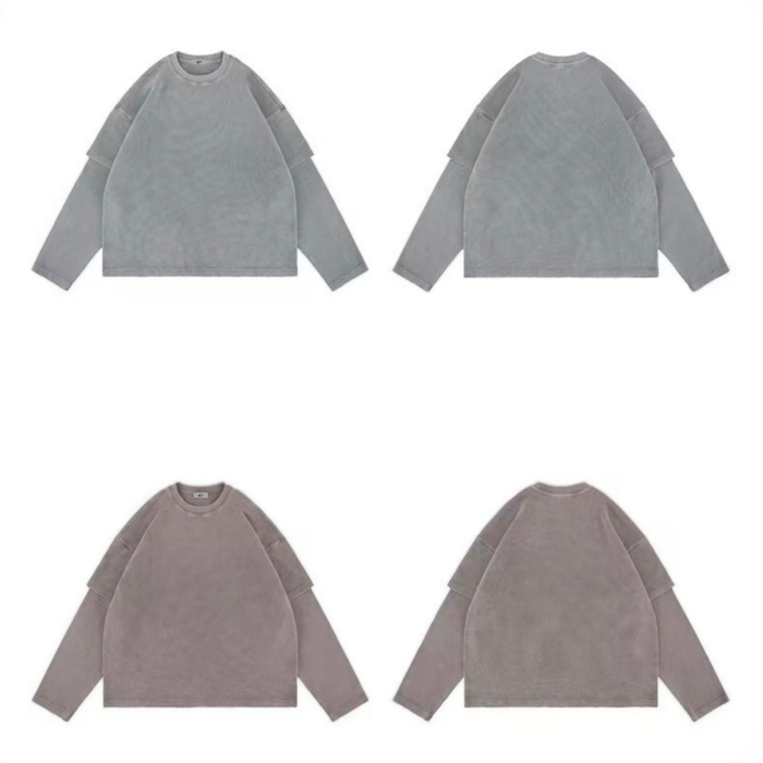 Taupe corduroy crewneck sweatshirt shown flat front and back views