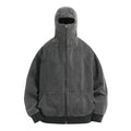 Oversized charcoal grey full-zip balaclava hoodie with paneled construction and garment-washed finish, front view