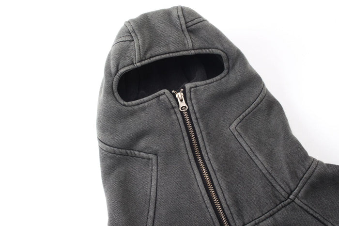 Front view of dark gray balaclava hoodie with full-length zipper and face opening