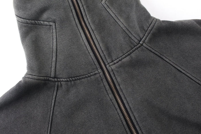 Close-up of the front zipper and seam panels on a dark gray balaclava hoodie