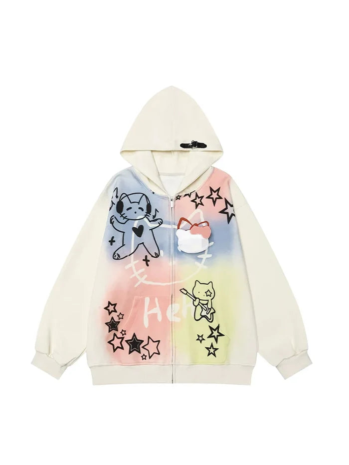 The Seakoff Pastel Cat Graffiti Hoodie features a vibrant blend of pink, blue, and yellow with cartoon cats, star patterns, and "HELLO" in white. This kawaii full-zip hoodie is perfect for streetwear enthusiasts and includes a drawstring hood.
