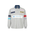 Gray patchwork polo sweatshirt with denim collar and colorful chest and sleeve patches, front view