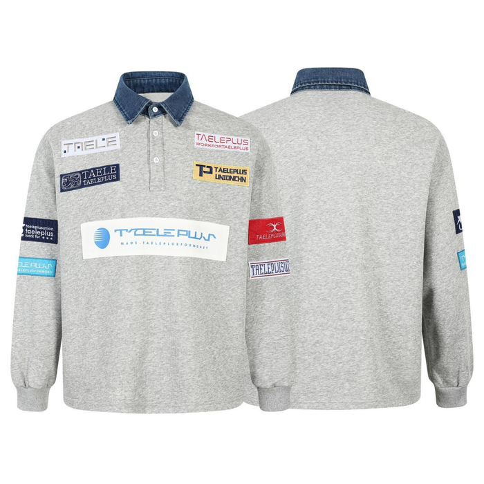 Side view showing front and back of gray patchwork polo sweatshirt with denim collar