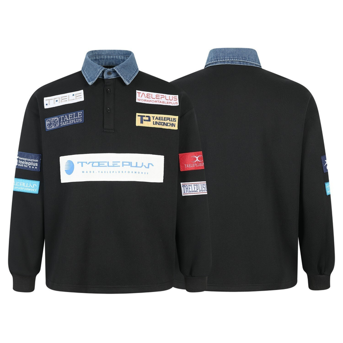 Side view showing front and back of black patchwork polo sweatshirt with denim collar