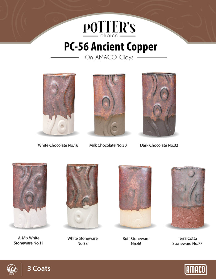Amaco PC-56 Ancient Copper glaze chart on seven Amaco clays at cone 5, three coats on textured vases