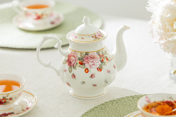 Peony and Strawberry Cream Bone China 9-Piece Tea Set