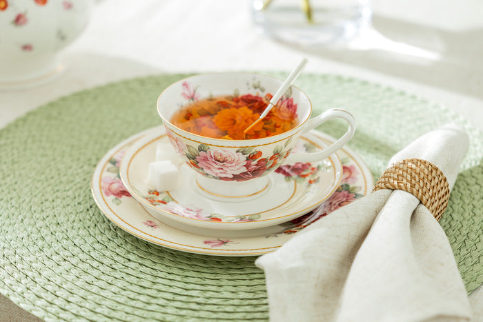 Peony and Strawberry Cream Bone China 9-Piece Tea Set