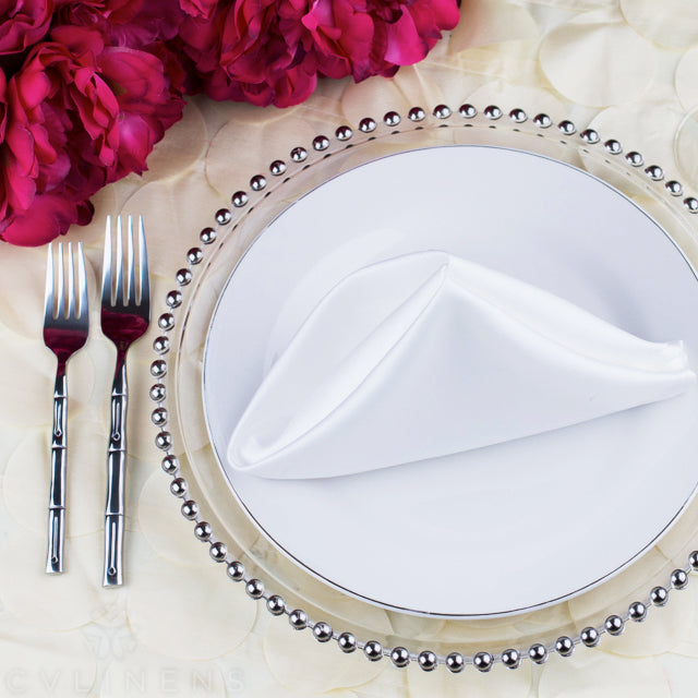 Petal Circle Taffeta Round 120" Tablecloth - Ivory with beaded charger plate