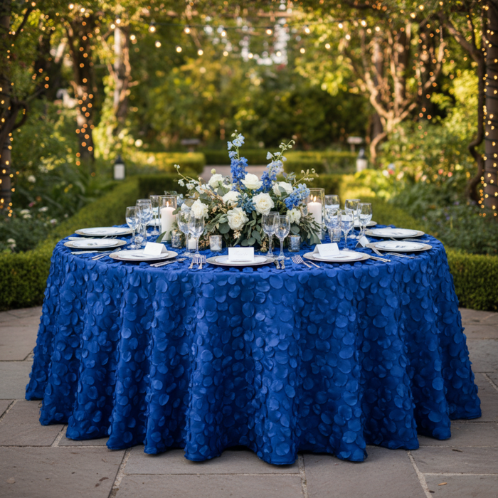 Outdoor wedding reception with 120 round Royal Blue Petal Circle Taffeta Tablecloth