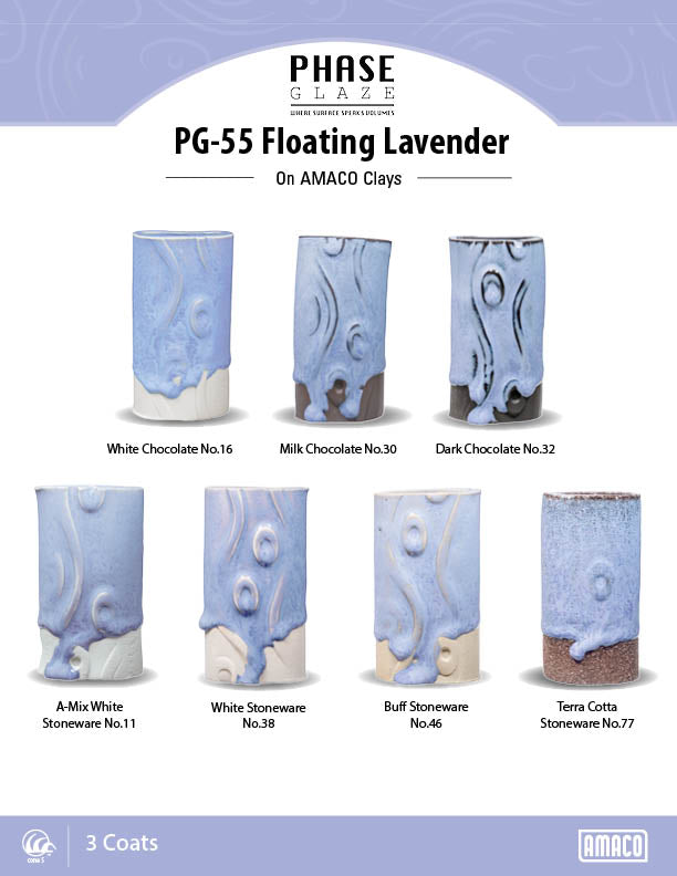 PG-55 Floating Lavender glaze, 3 coats, on seven test cylinders of Amaco clays from White Chocolate to Terra Cotta Stoneware