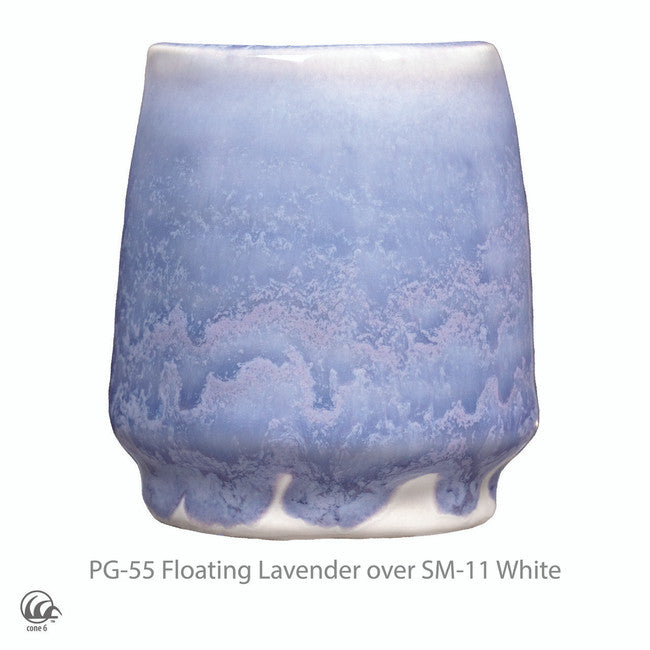 Cup in PG-55 Floating Lavender glaze over SM-11 White glaze at cone 6, mottled lavender dripping onto a white foot