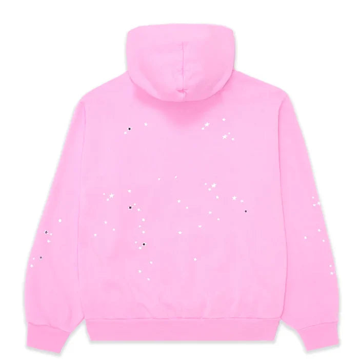 The Sp5der Atlanta Hoodie – Pink 440GSM Heavyweight Y2K Streetwear Pullover features a spider-web design with small white stars and dots on the back, sleeves, and hood for a bold retro look.