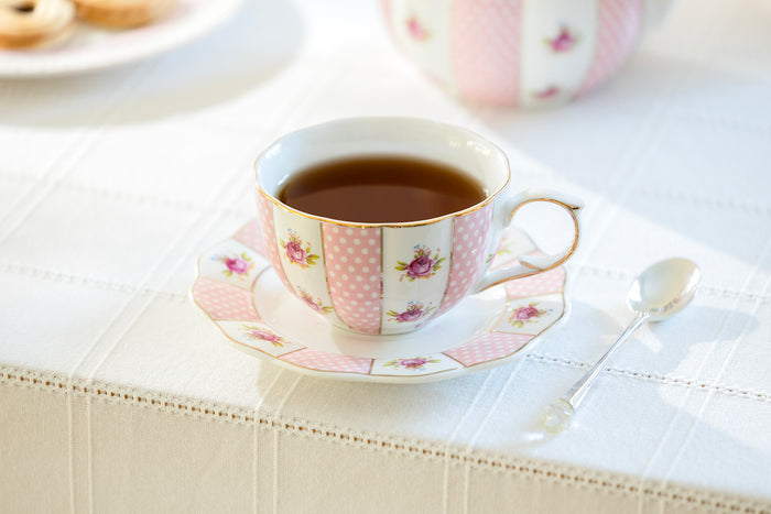 Pink Polka Dot Rosebud Scallop Fine Porcelain Tea Cup and Saucer