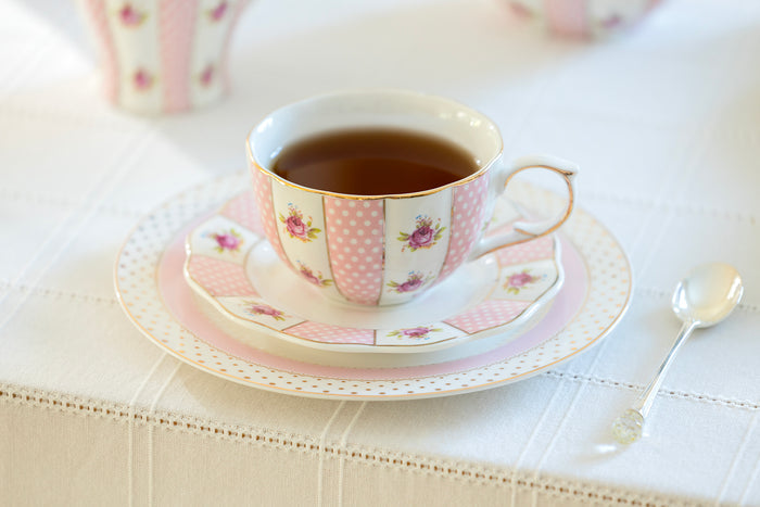 Pink Polka Dot Rosebud Scallop Fine Porcelain Tea Cup and Saucer