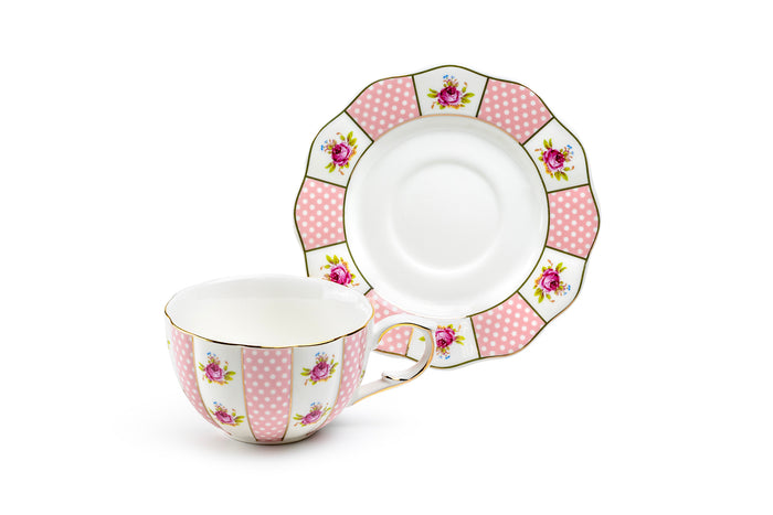 Pink Polka Dot Rosebud Scallop Fine Porcelain Tea Cup and Saucer