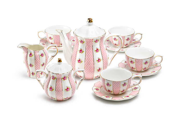 Pink Polka Dot Rosebud Scallop Fine Porcelain Tea Set