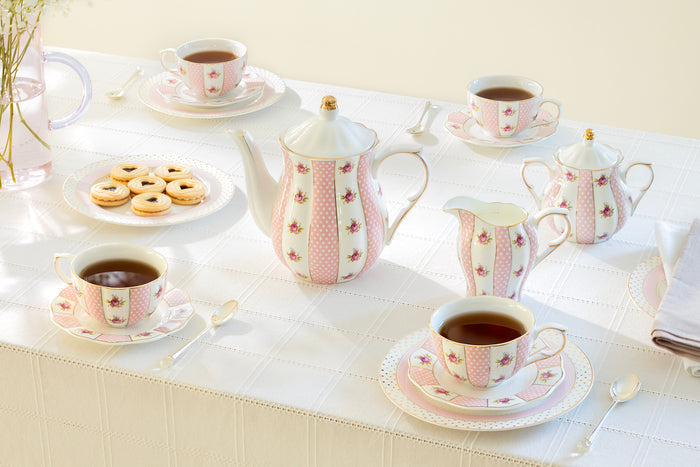 Pink Polka Dot Rosebud Scallop Fine Porcelain Tea Set