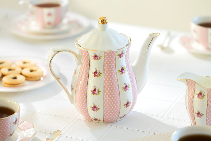 Pink Polka Dot Rosebud Scallop Fine Porcelain Tea Set