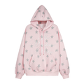 Oversized pink hoodie with all-over silver glitter star print and script graphic on chest, front view