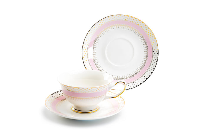 Grace Teaware Pink Stripe with Gold Dots Fine Porcelain Tea Cup and Saucer Set