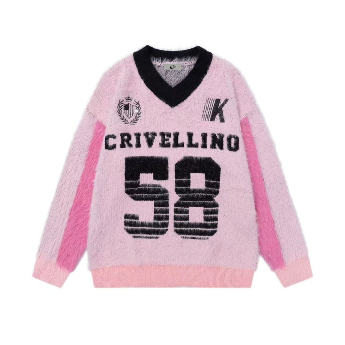 Pink fuzzy knit varsity sweater with black V-neck, collegiate front graphics, and large 58