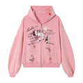 Pink zip hoodie with front graphic print, long sleeves and ribbed cuffs, front view