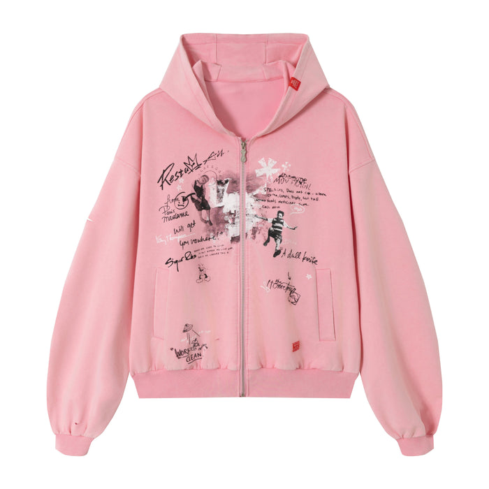 Pink zip hoodie with front graphic print, long sleeves and ribbed cuffs, front view