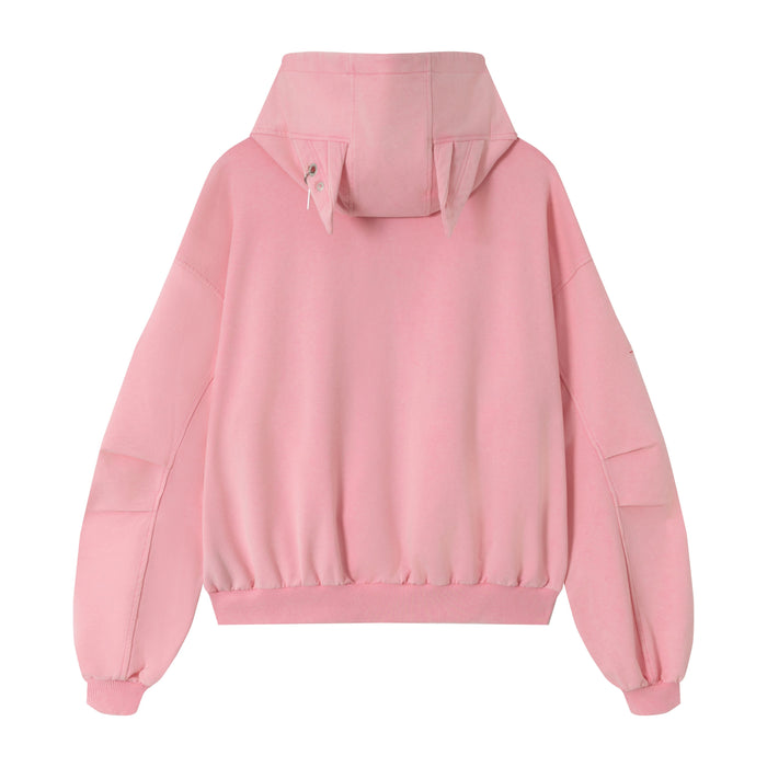 Pink zip hoodie back view with plain hood and long sleeves