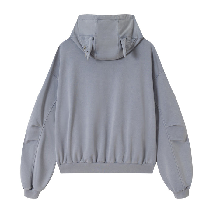 Gray zip hoodie back view with plain hood and long sleeves