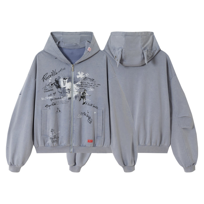 Front and back views of a gray graphic zip hoodie with oversized hood