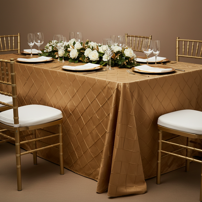 Pintuck 90"x132" Rectangular Tablecloth - Gold for charity gala with gold charger plate | white napkin | gold chiavari chair