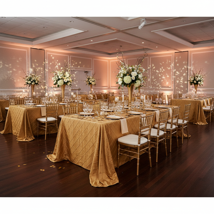 Pintuck 90"x132" Rectangular Tablecloth - Gold for charity gala with gold charger plate | white napkin | gold chiavari chair
