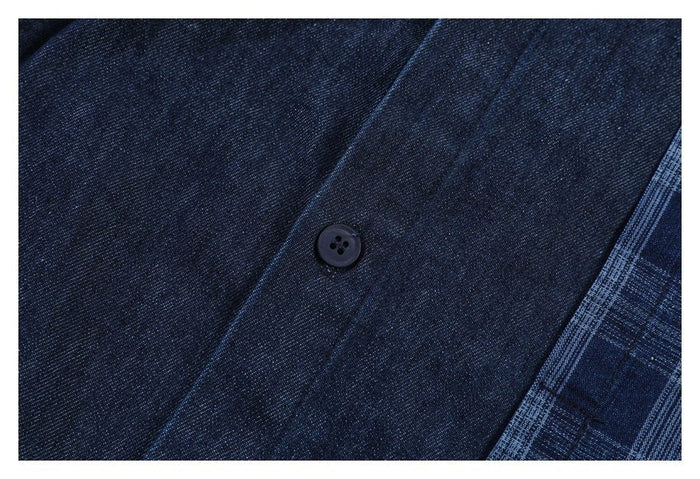 Plaid Patchwork Denim Chambray Shirt on Sale - Men's and Women's Long Sleeve Vintage Style - Seakoff
