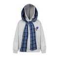 Light gray hooded sweatshirt with blue plaid scarf wrapped around the hood and front