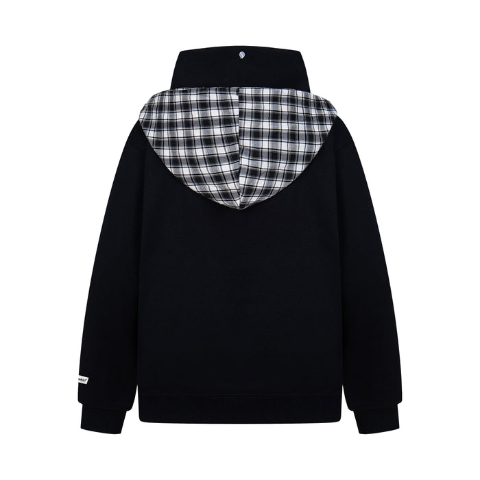 Back view of black hoodie with black-and-white plaid hood and scarf panel