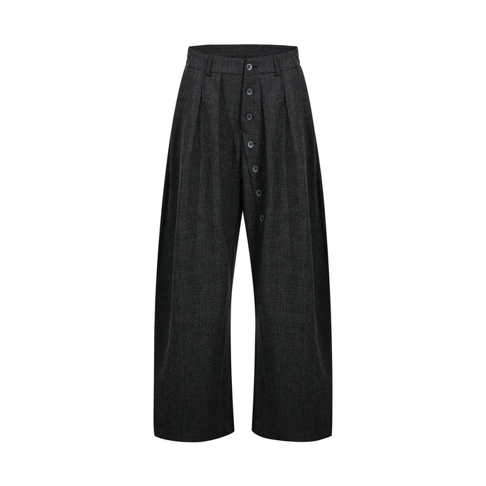 Black wide-leg pants with front pleats and a vertical button closure