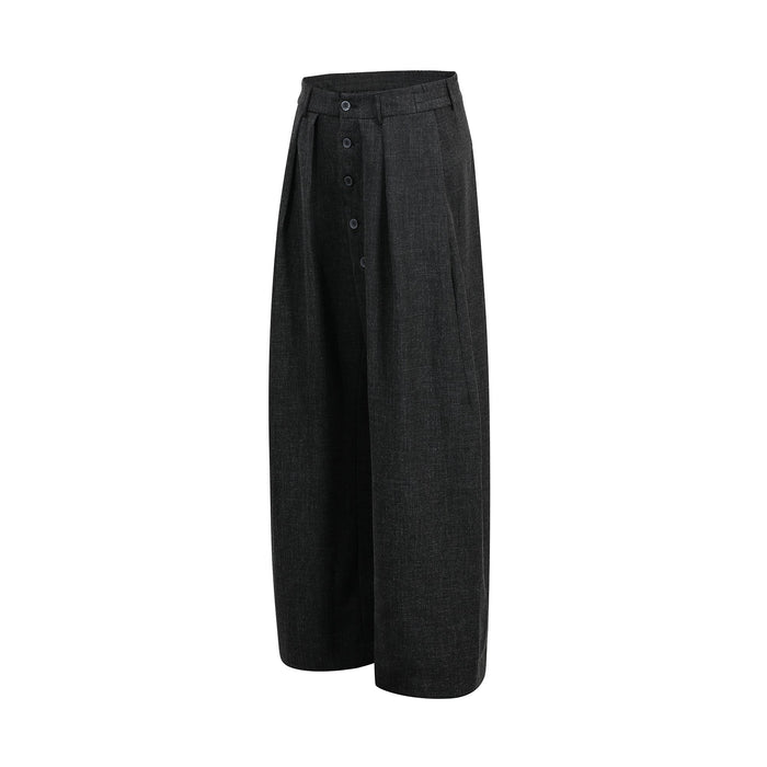 Side view of black wide-leg pants with asymmetric button front and loose drape