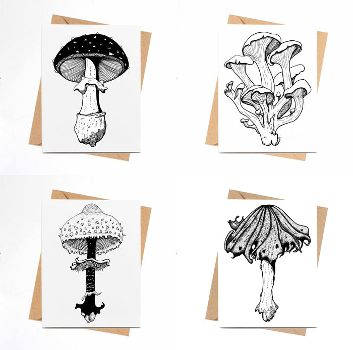 PinkPolish Design Card Pack "PNW Inky Mushroom" 4 Card Pack of Handmade Notecards