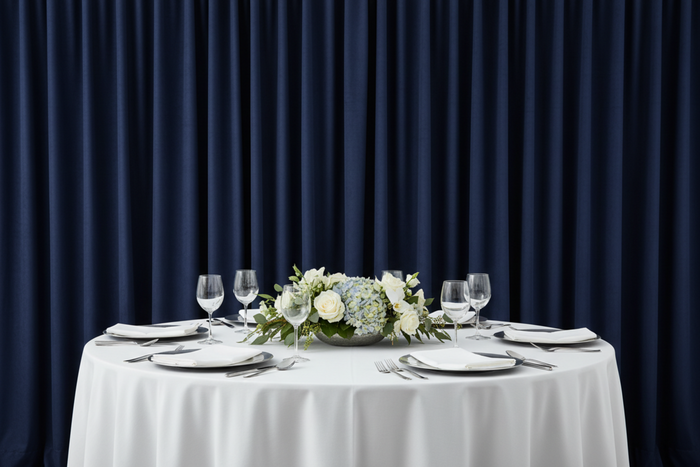 family dinner setup with Poly Premier Fire Retardant (FR) 12ft H x 60" W drape/backdrop - Navy Blue
