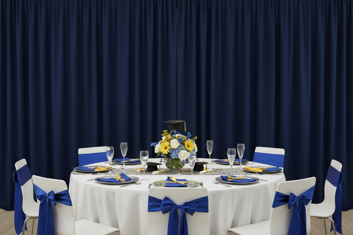 graduation party setup with Poly Premier Fire Retardant (FR) 12ft H x 60" W drape/backdrop - Navy Blue